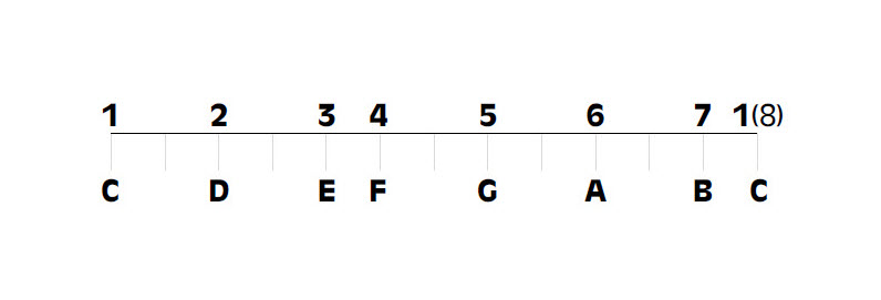 The seven harmonic degrees of the C major musical scale.