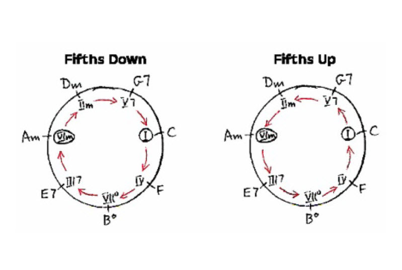 Chord progression Chase charts showing descending or fifth-down, and ascending or fifth-up chord progressions.
