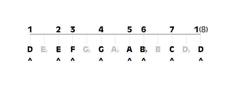 D minor musical scale showing order of tones and semitones.