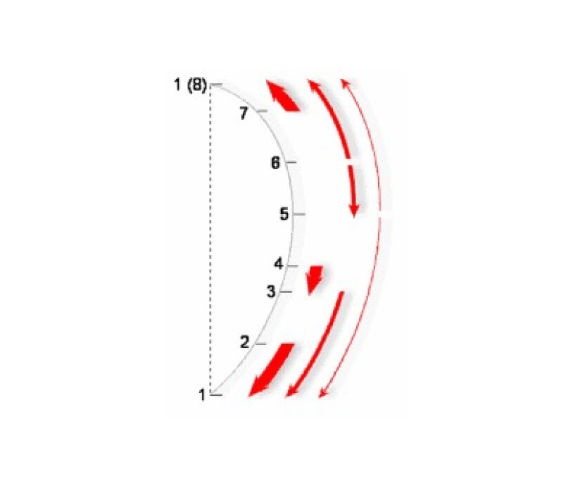 Melodic scale showing scale degrees and two different directions back to the home or tonic note.