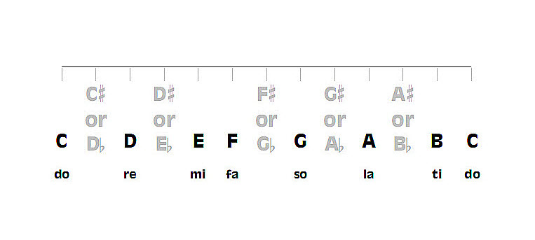 The chromatic musical scale showing all 12 notes and which ones are the do-re-mi notes.