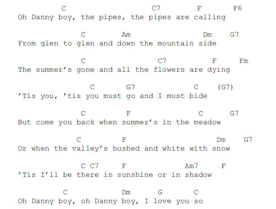 Words and chords of the classic song, Danny Boy.